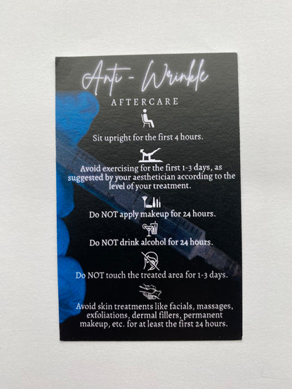 25 ANTI WRINKLE POST TREATMENT AFTERCARE CARDS - MULTIPLE TREATMENT & COLOUR OPTION CHOICES