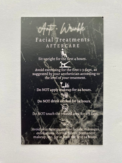 25 ANTI WRINKLE POST TREATMENT AFTERCARE CARDS - MULTIPLE TREATMENT & COLOUR OPTION CHOICES
