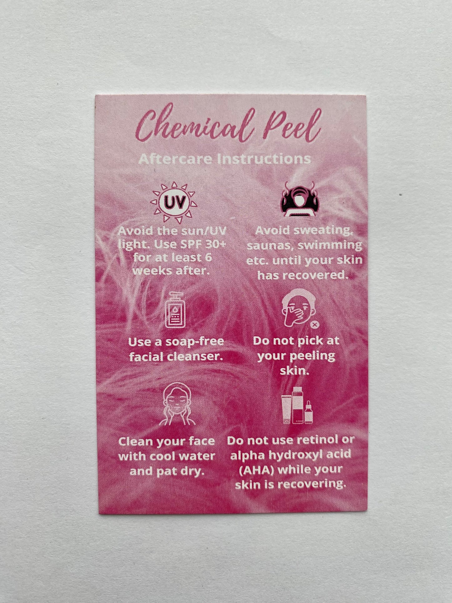 25 CHEMICAL PEEL POST TREATMENT AFTERCARE CARDS - MULTIPLE TREATMENT & COLOUR OPTION CHOICES