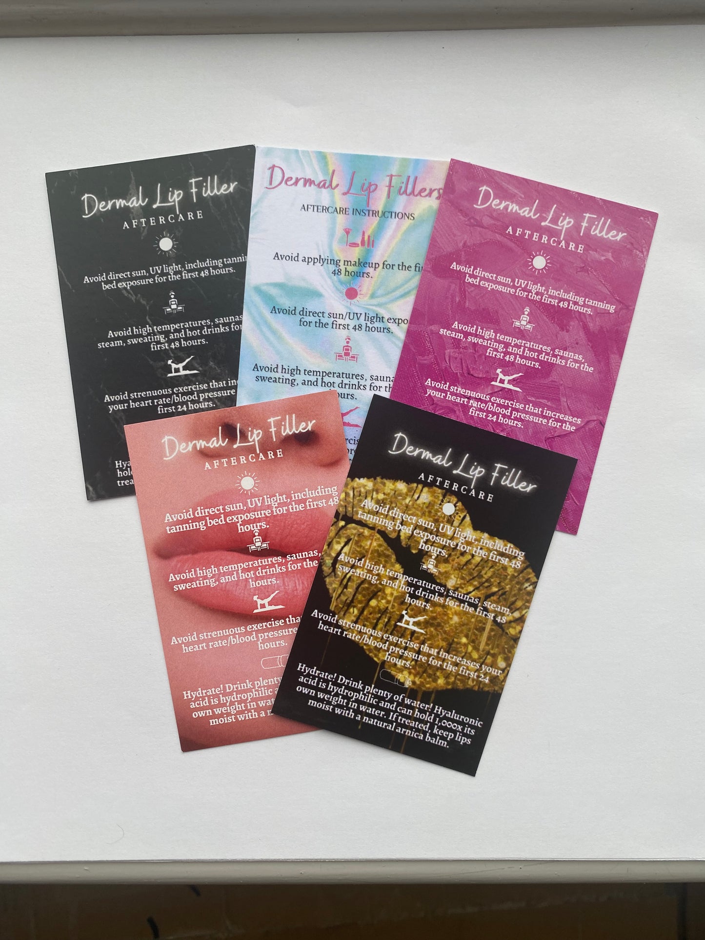 25 DERMAL LIP FILLER POST TREATMENT AFTERCARE CARDS - MULTIPLE TREATMENT & COLOUR OPTION CHOICES