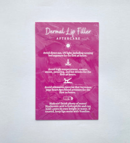 25 DERMAL LIP FILLER POST TREATMENT AFTERCARE CARDS - MULTIPLE TREATMENT & COLOUR OPTION CHOICES