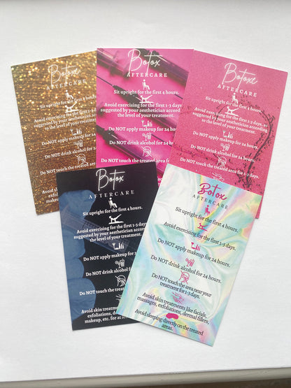 25 BOTOX POST TREATMENT AFTERCARE CARDS - MULTIPLE TREATMENT & COLOUR OPTION CHOICES