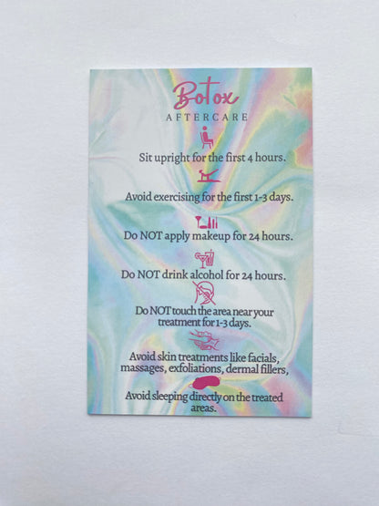 25 BOTOX POST TREATMENT AFTERCARE CARDS - MULTIPLE TREATMENT & COLOUR OPTION CHOICES