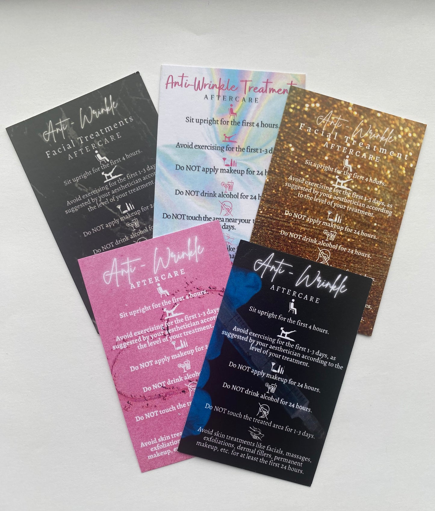 25 ANTI WRINKLE POST TREATMENT AFTERCARE CARDS - MULTIPLE TREATMENT & COLOUR OPTION CHOICES