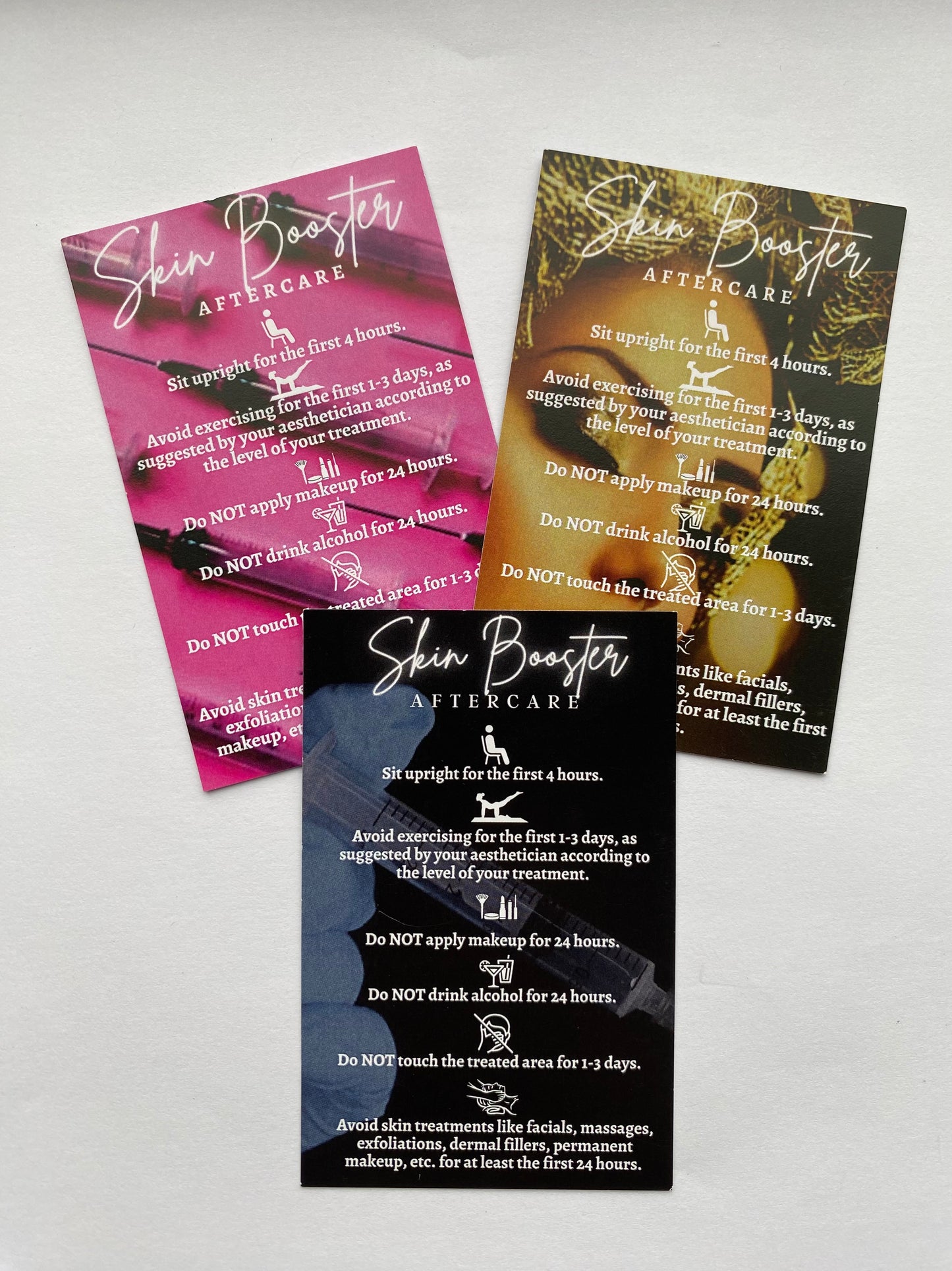 25 SKIN BOOSTER POST TREATMENT AFTERCARE CARDS - MULTIPLE TREATMENT & COLOUR OPTION CHOICES