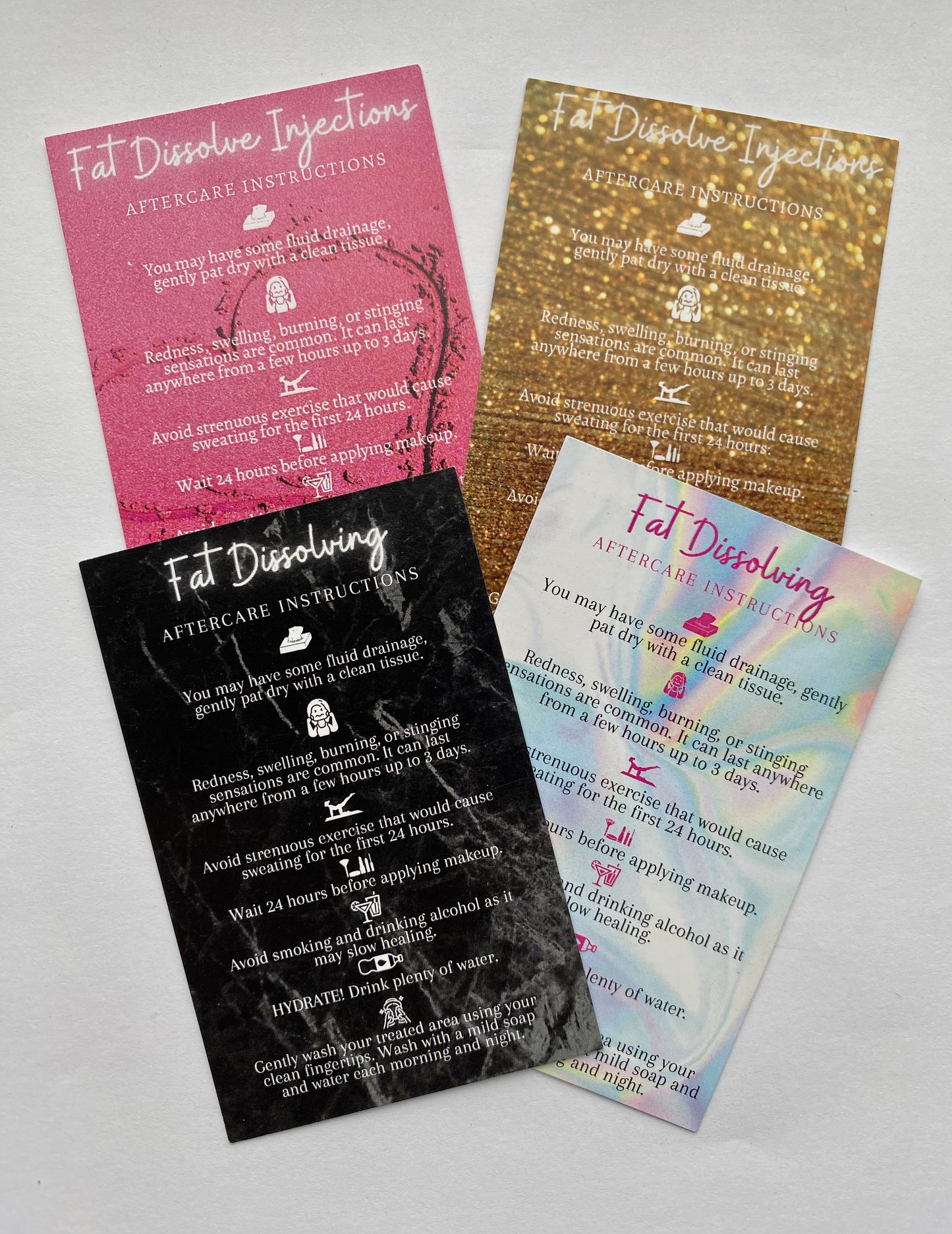 25 FAT DISSOLVING POST TREATMENT AFTERCARE CARDS - MULTIPLE TREATMENT & COLOUR OPTION CHOICES