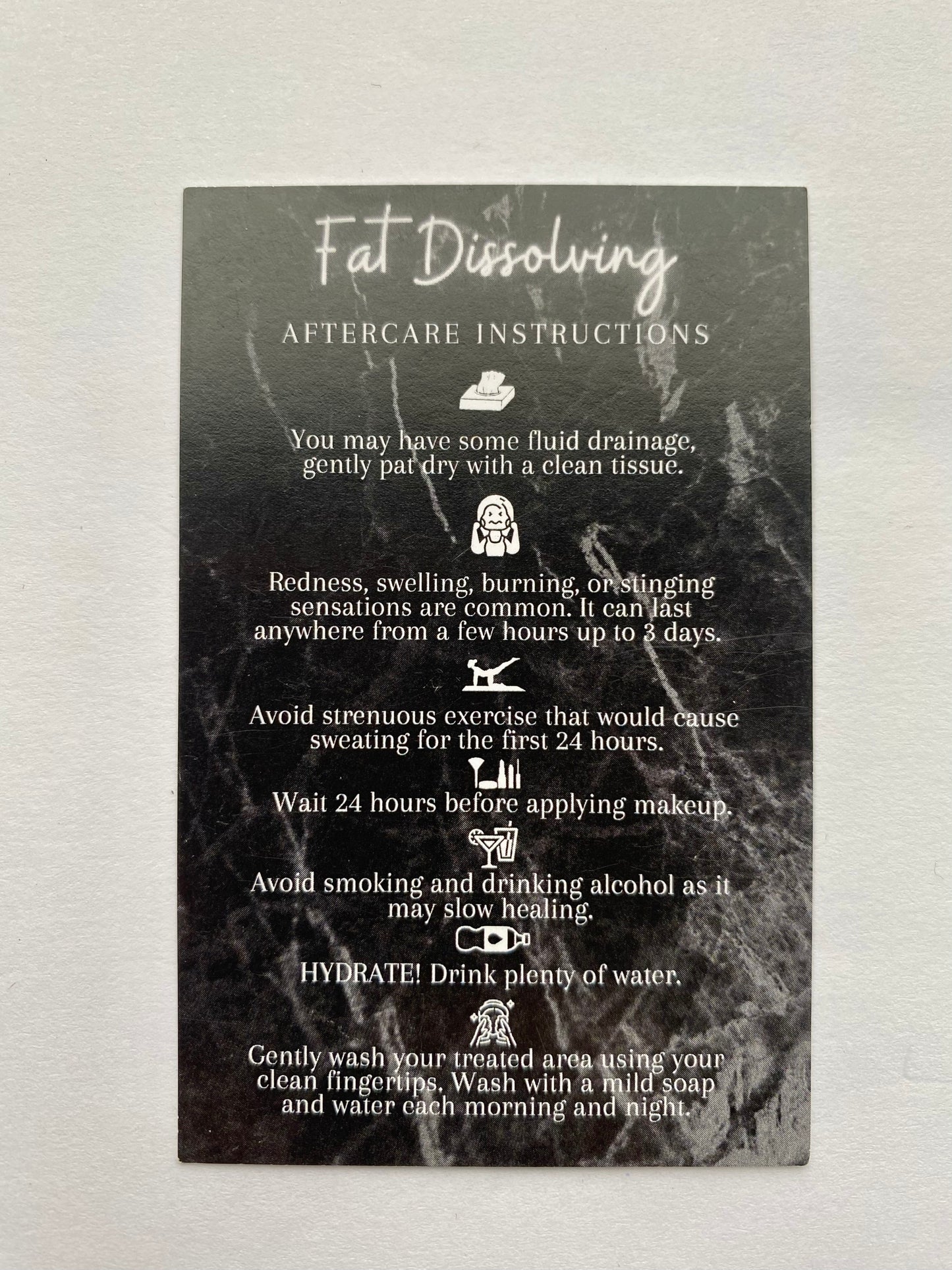 25 FAT DISSOLVING POST TREATMENT AFTERCARE CARDS - MULTIPLE TREATMENT & COLOUR OPTION CHOICES