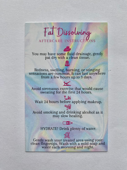 25 FAT DISSOLVING POST TREATMENT AFTERCARE CARDS - MULTIPLE TREATMENT & COLOUR OPTION CHOICES